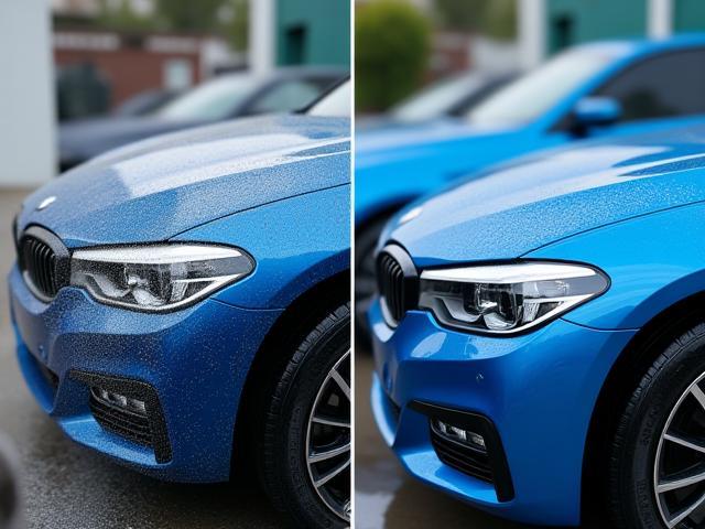 Before and after exterior hand wash showing a sparkling clean blue sedan
