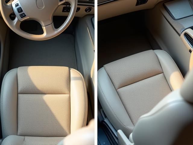 Before and after interior vacuuming showing clean car seats and floor mats